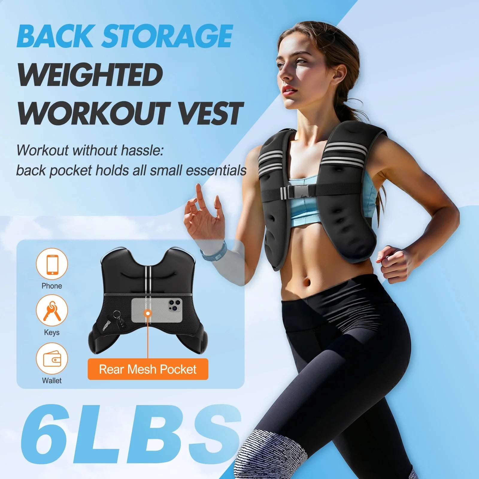 Weighted Vest for Fitness, 6Lb with Reflective Strips, Ideal for Men & Women, Strength Training, Running, Muscle Building & Weight Loss